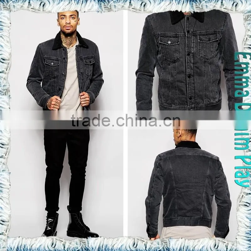 Black Denim Fleece Jacket for Mens with Variations Tops