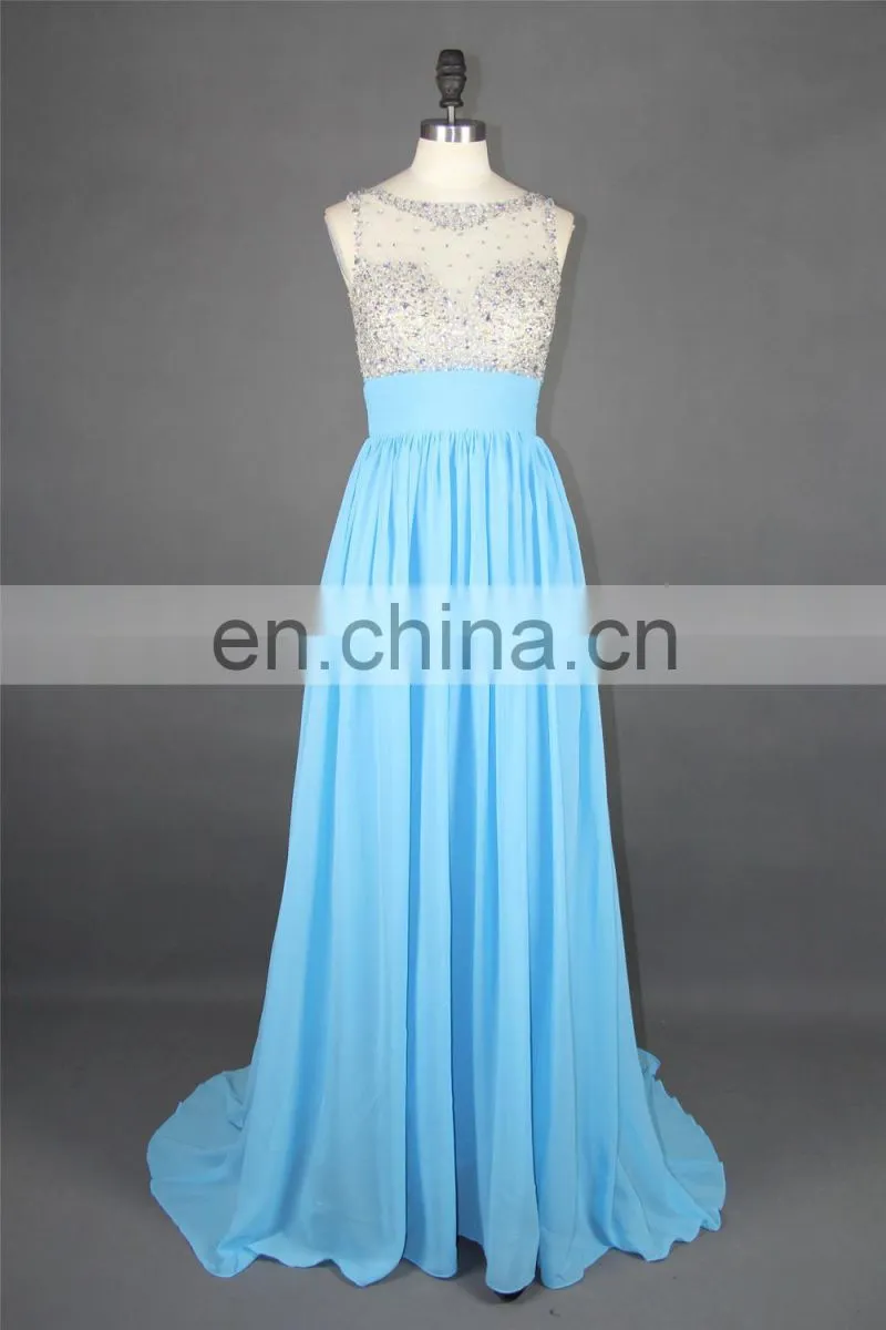 New Arrival Evening Gown Chiffon Beaded See Through Nude Back High Neck Key Hole Open Back Light Blue Formal Long Evening Dress