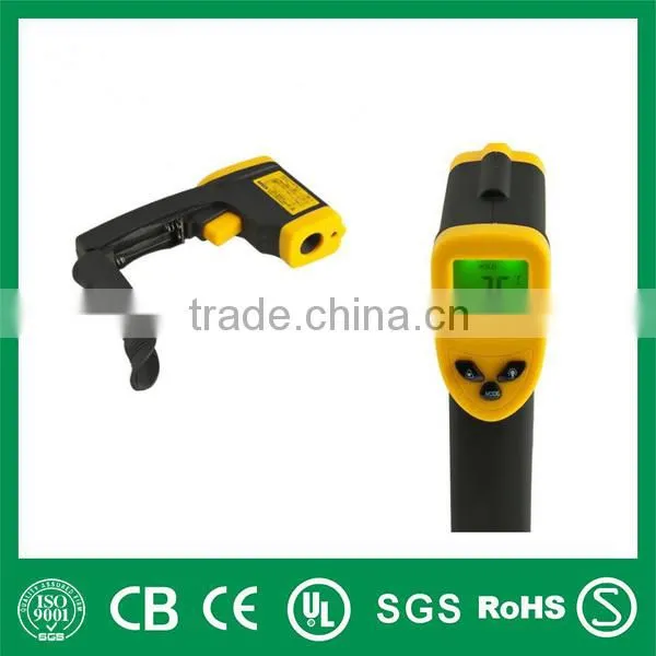 Yellow handheld infrared thermometer with laser point for measuring temperature