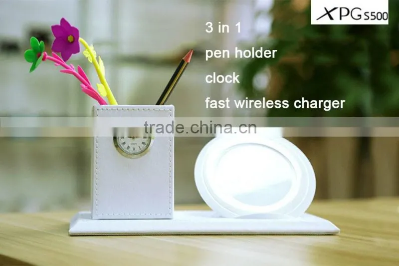 Newest Design Qi Wireless Charger Dock With Pen Vase And Clock For Samsung S6 S7 Edge Fast Charging Pad Holder