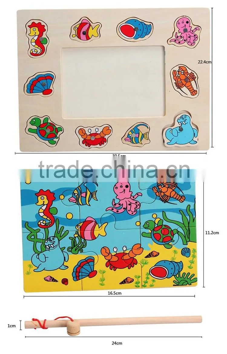 Hot sell educational wooden toy of magnetic fishing puzzle games