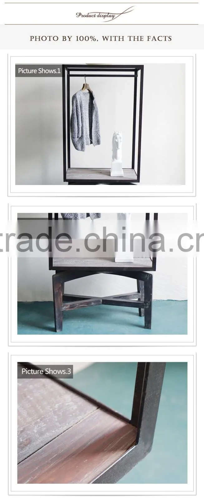 Practical Metal Frame Free Hanging Clothing Display Stand Rack With Wooden Shelf