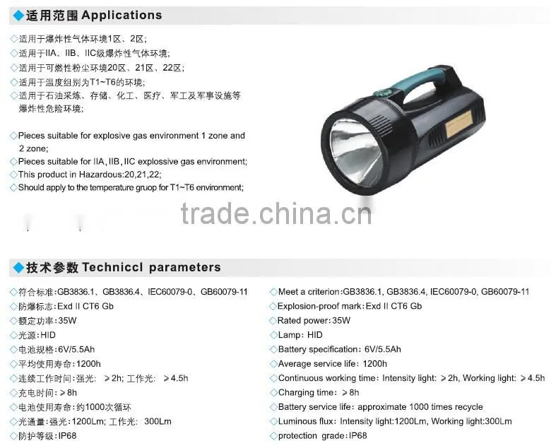 Explosion proof portable rechargeable searchlight