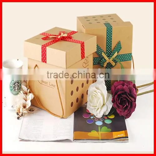 Primary Colour Square Custom Kraft Corrugated Packaging Gift Box with Lid and Ribborn Wholesale