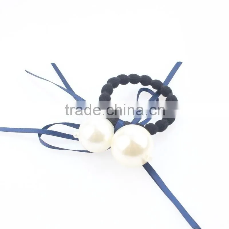 Fashion women girls big pearl beaded silk ribbon hair elastic band