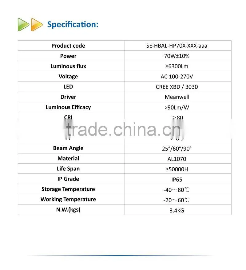 5 Year Warranty IP65 Factory Warehouse Industrial 70W LED High Bay Light