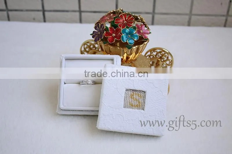 Elegant wedding ring jewelry box with beaded name plate of S