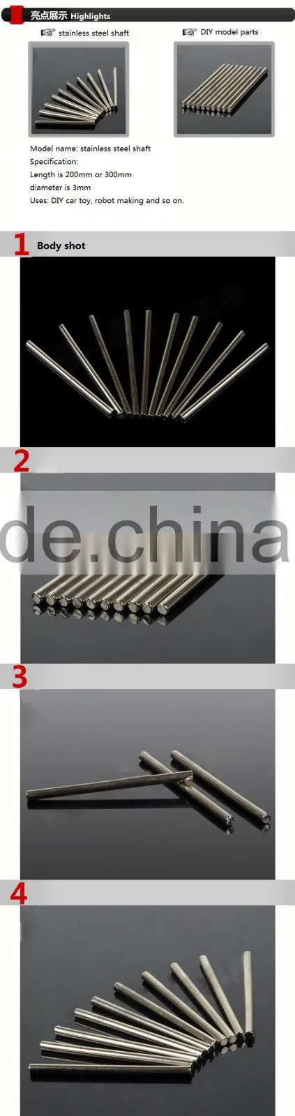 200mm Stainless steel shafts,round pins, diameter 3MM