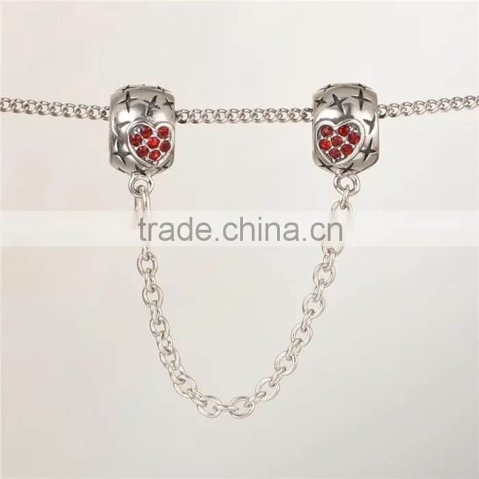 925 Sterling Silver Heart Red CZ Safety Chains Mother day Gift Bracelet Chains