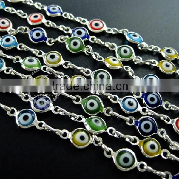 6mm red,yellow,blue,green flat glass Turkish evil eye beads links silver plated brass necklace chain DIY supplies 1512025