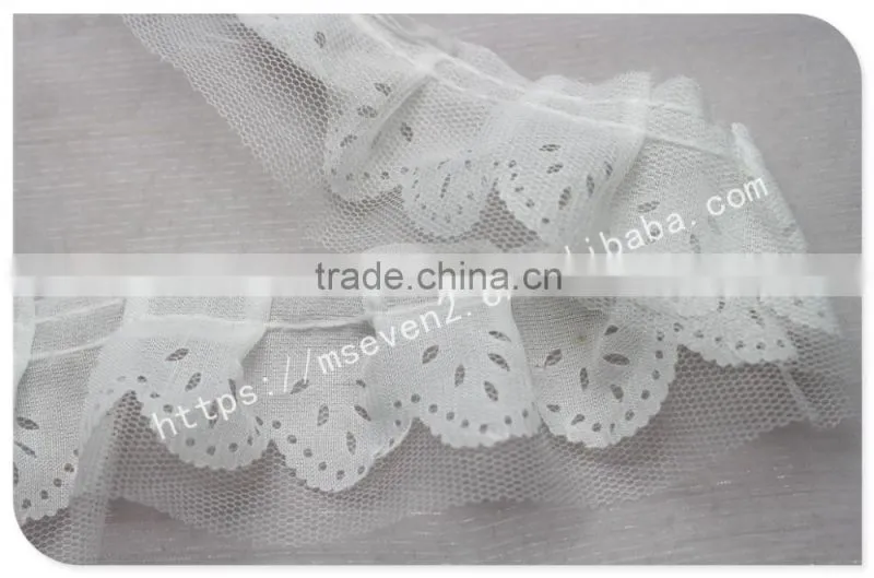 Simple design 5cm width polyetser folded mesh fabric bridal trim in white