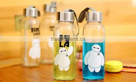 clear Eco-friendly glass water drinks bottle with stainless steel lid