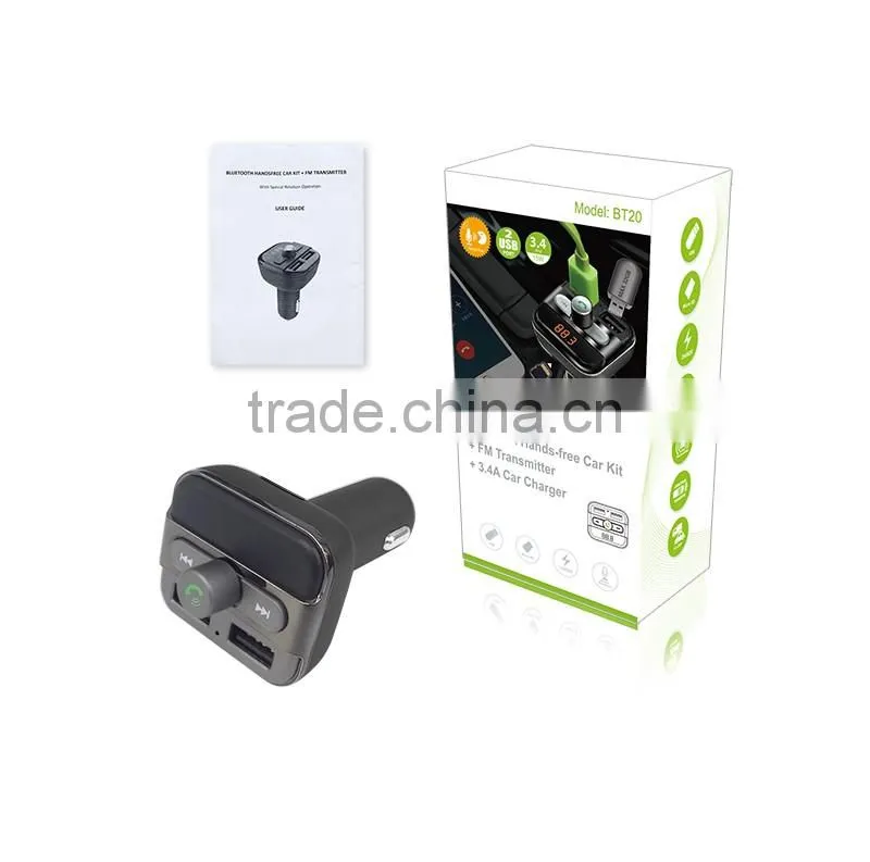 Wireless Bluetooth handsfree car kit with FM transmitter 3.4A car charger