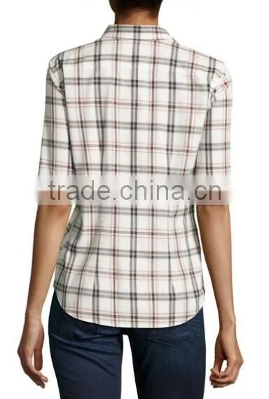 Half Sleeves Plaid Cutoff-Sleeve Check Shirt for Ladies