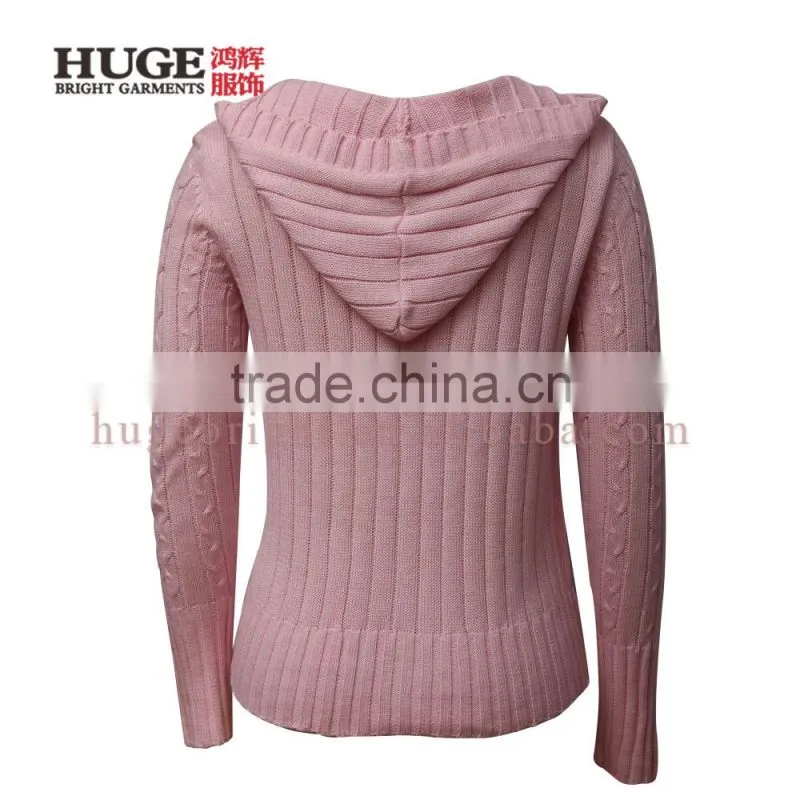 Cable Knit Hooded V Neck Sweater Women'S with Kangaroo pocket