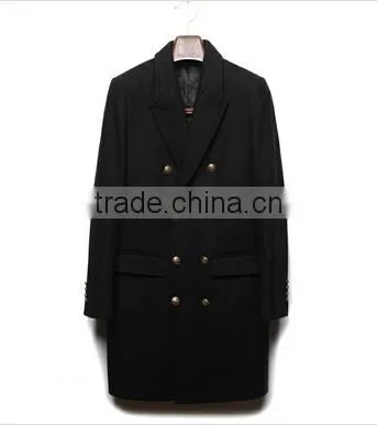 2014 Double-Breasted Metal Button High Fashion Classical Design Black Lapel Slim Fit Mens Cashmere Men Coat