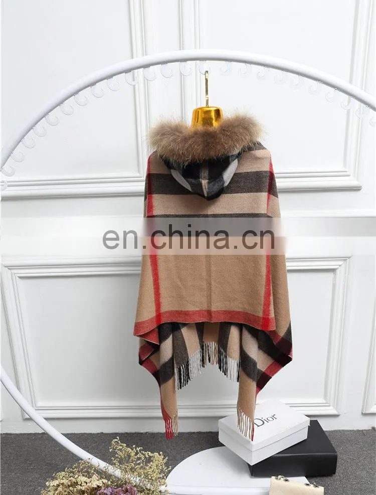 Fashion Women Real Raccoon Fur Hood Shawl Wool Cashmere Scarves Shawls