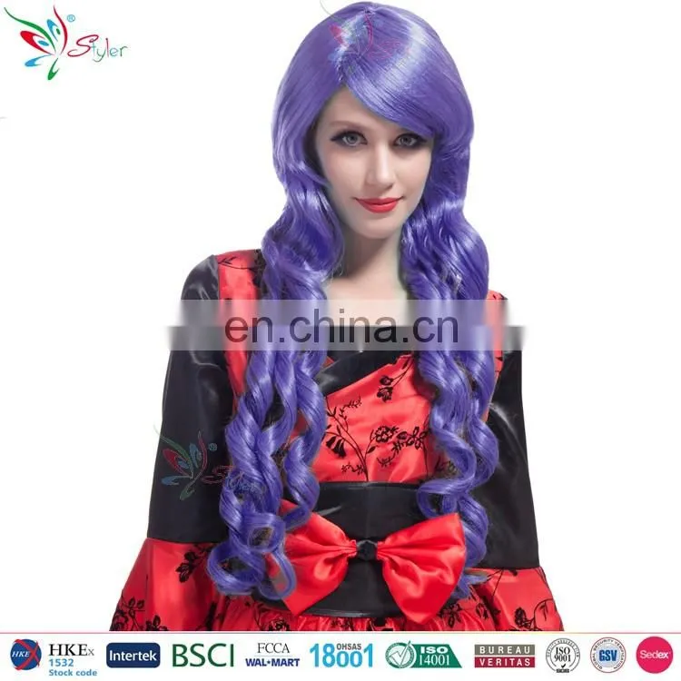fashion women synthetic hair blue and pink long deep curly wig