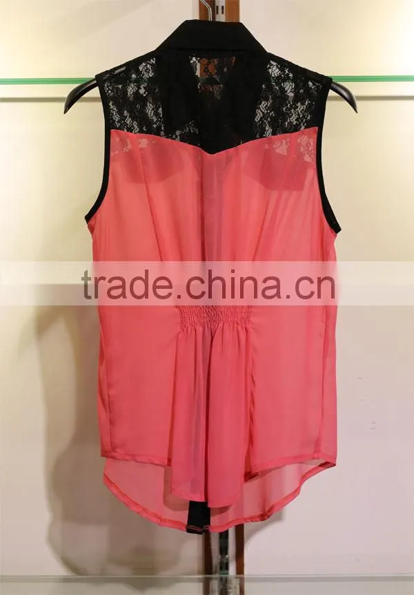 slim chiffon tops with sexy lace for ladies