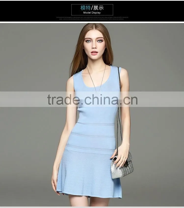 2016 new arrival sleeveless round neck knit dress with hollow pattern design