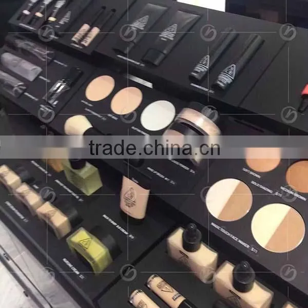 Customized 3ce cosmetic display,black organic glass makeup display stand