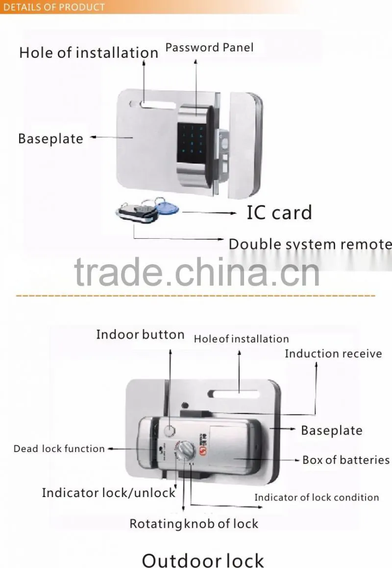 Hot sale!! Wireless glass door lock (with door side) with password and IC card to open (LY15CR2-11BM)