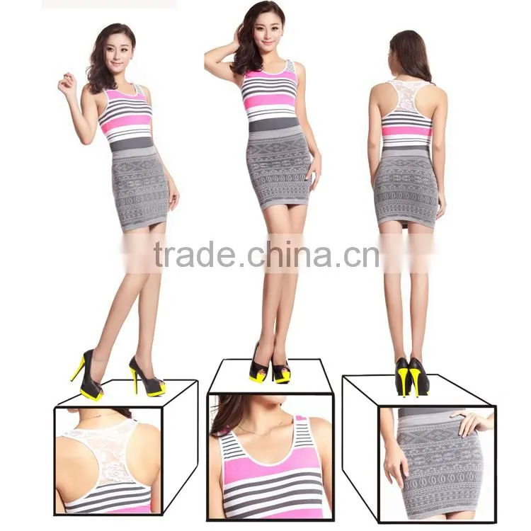 Wholesale Stylish Cheap Stripe Lace Sleeveless Body Shaping Top Crop Knitted Wrap Skit Suits