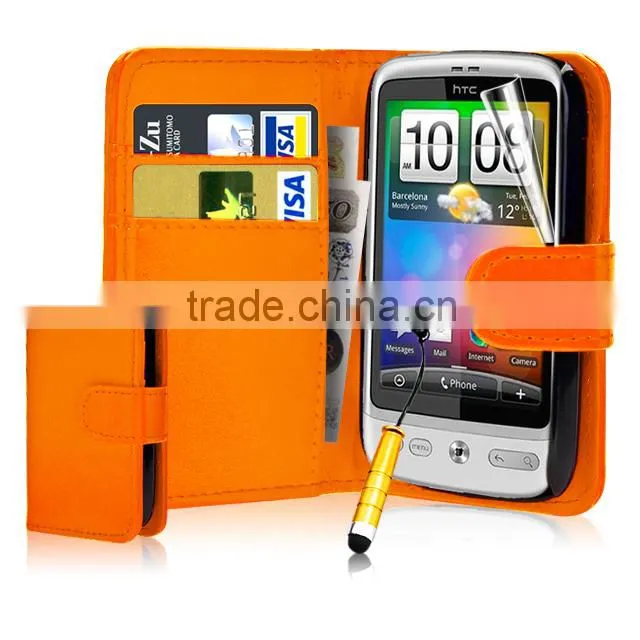 Set Screen Protector Stylus And Case For HTC Desire C , Dark Blue Leather Wallet Waterproof Case For HTC Desire