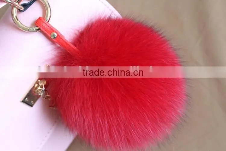 Fluffy Lovely Round 12cm Dyed Fox Fur Pompom with Keychain for Bags