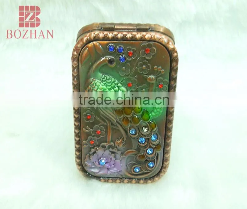Metal souvenir peafowl rhinestone mirror/antique peafowl makeup mirror/promotional gift peafowl compact mirror