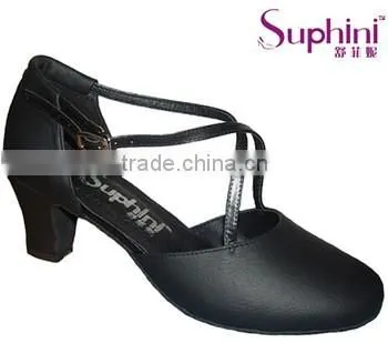 Black leather low heel closed toe ballroom dance shoes