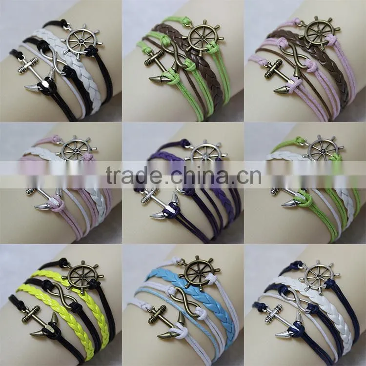Hot Cheap Good Quality Colorful Multilayer Men teen Anchor Love Leather Bracelet