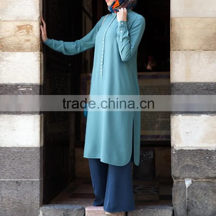 Oem supplier split side fashion design long sleeve pearl chiffon muslim women party dress