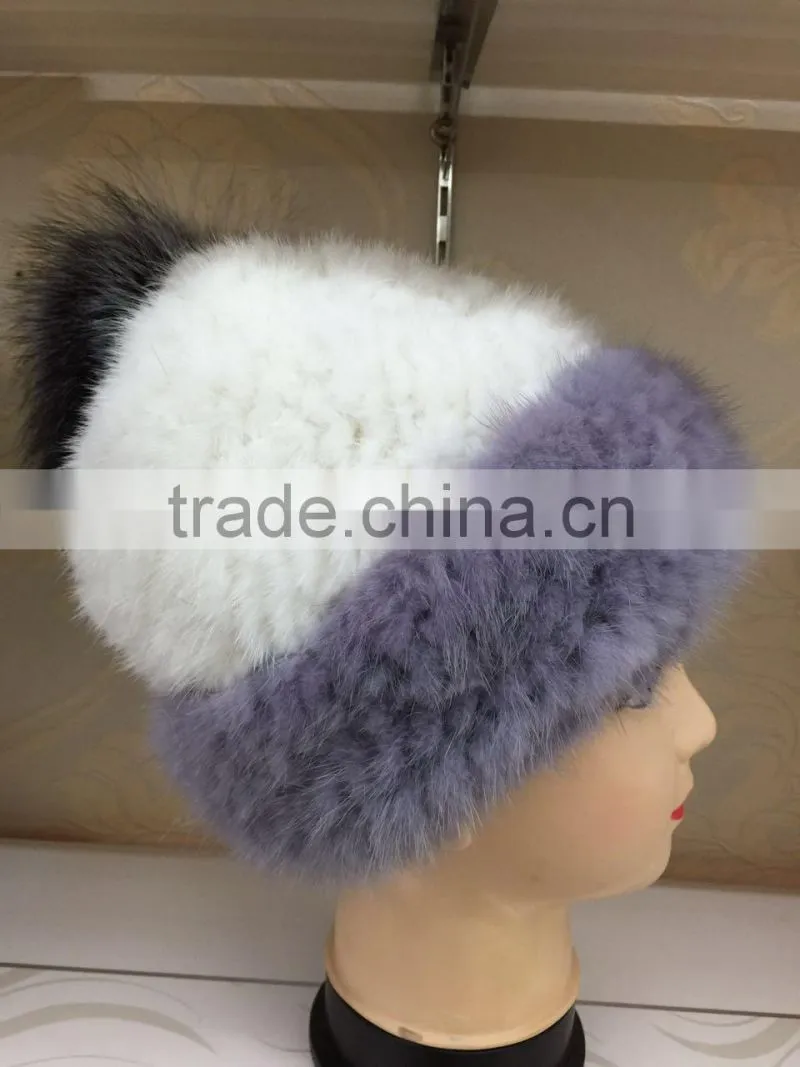 White grey Fashion grils kintted mink fur hat with pom pom