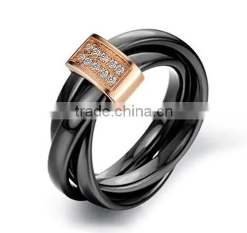 New Women's Black Ceramic Wedding Band Ring Sets with Diamond Inlay