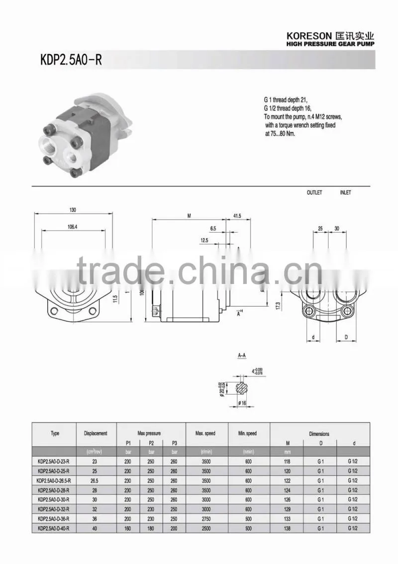 High pressure hydraulic forklift gear oil pump KDP2.5A0-R