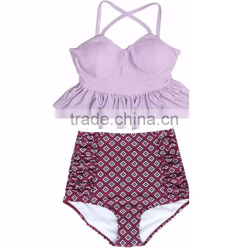 New fashion hot selling swimsuit with Small Flounce Top Quality mature women high waist bikini