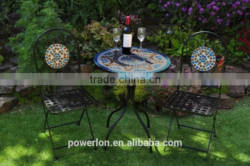 Mosaic bistro set blue pattern black wrough iron KD table folding chair