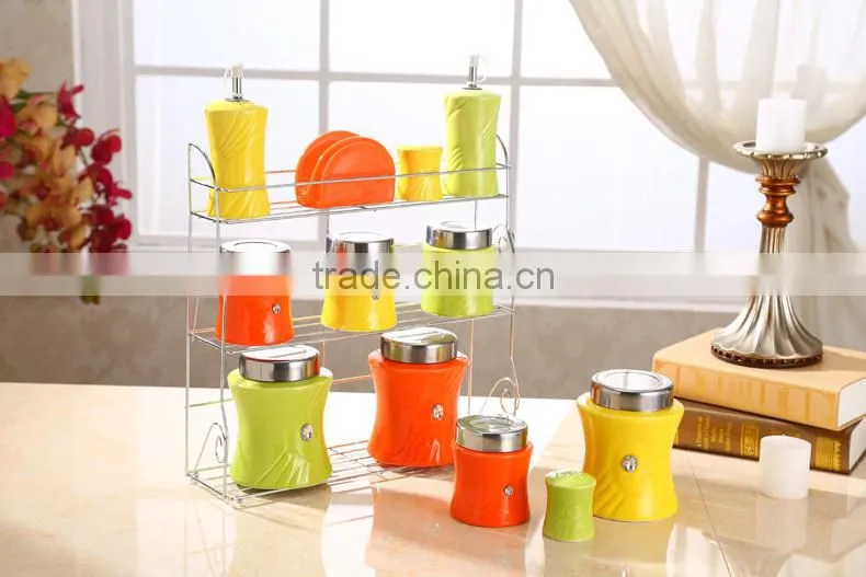 kitchenware ceramic canister set with stainless metal stand