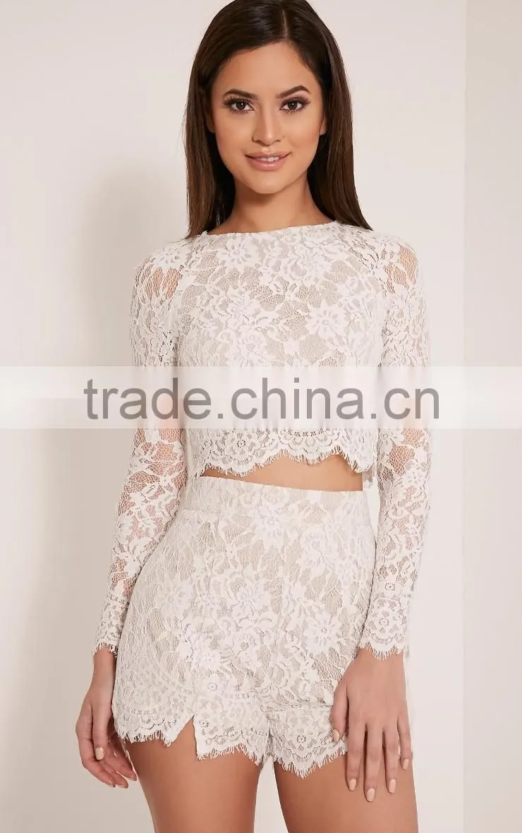 Crochect white lae designs long sleeve two piece sets Lace crop top and short pants designs
