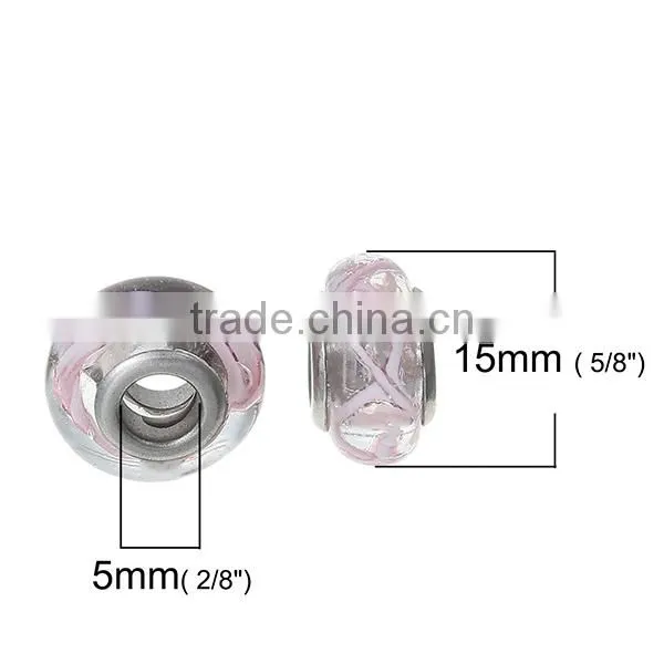 Lampwork Glass European Style Large Hole Beads Round Transparent Pink Ripple With 304 Stainless Steel Silver Tone Core