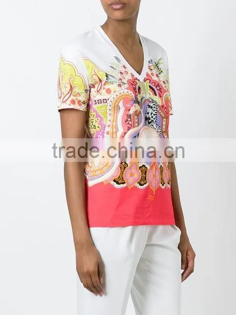 Custom Womens White 100 Cotton printed t Shirts,Top Quality Short Sleeve V Neck Printed T Shirts For Women