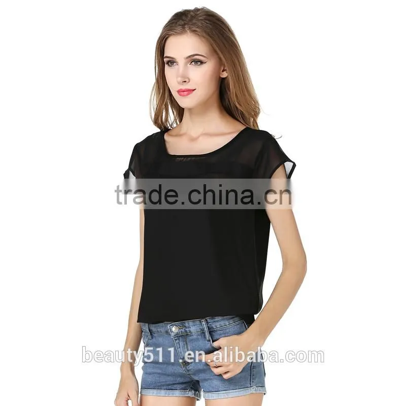 Show thin hollow short sleeved chiffon shirt sexy perspective stitching chiffon blouse SD97