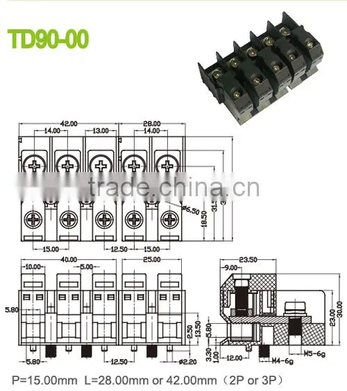 Pitch 15.0mm 600V 90A Feed Through Terminal Block connector