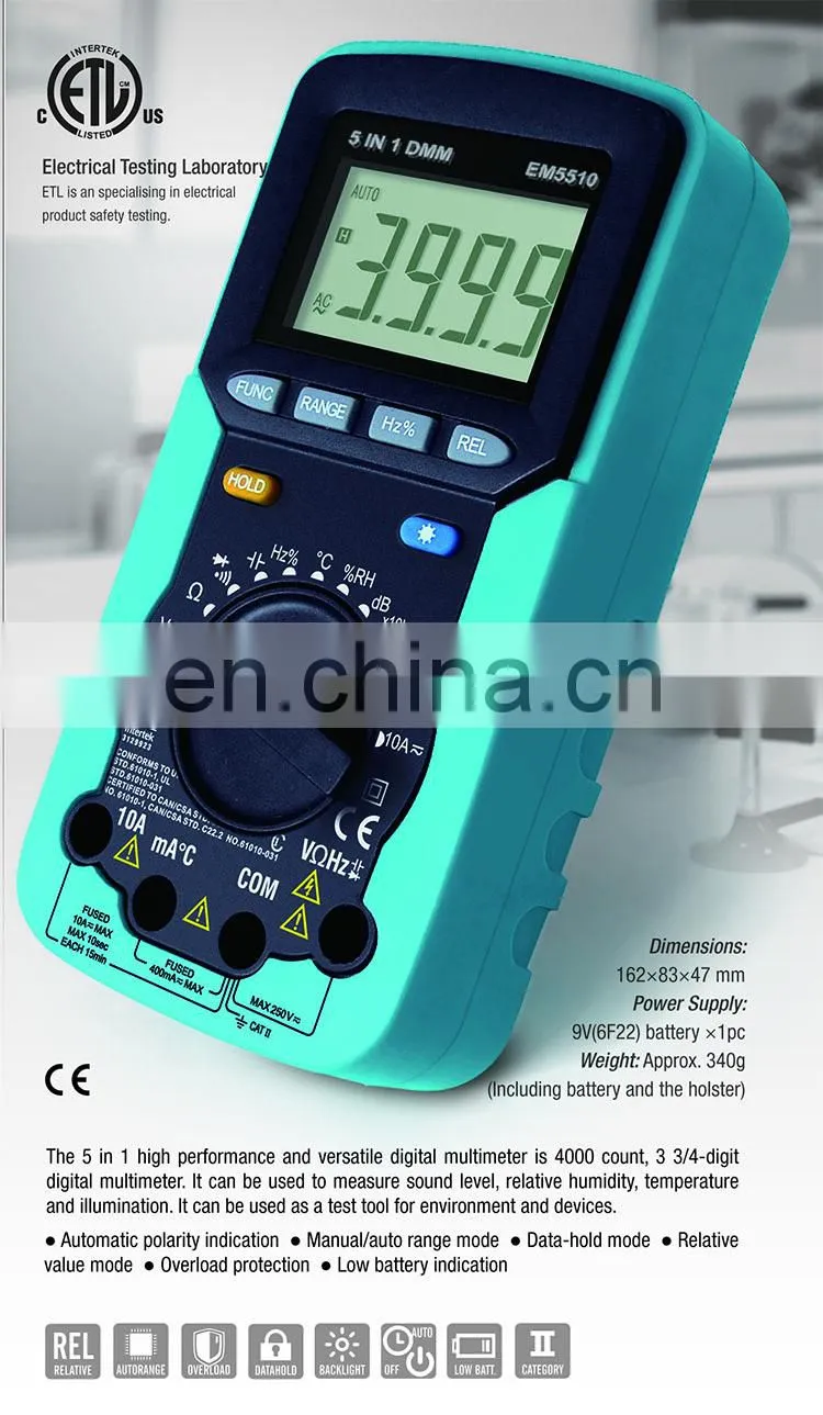 Allosun EM5510 Digital Multimeter 5 in 1 Sound Level Humidity Luminosity Autoranging Multimeter Temperature Tester