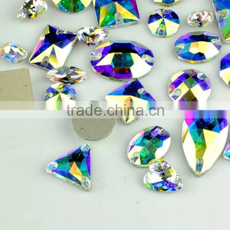 2016 New Top Quality blue flare crystal AB sew on strass , shaped flat back sew-on crystal stones for bulk wholesale