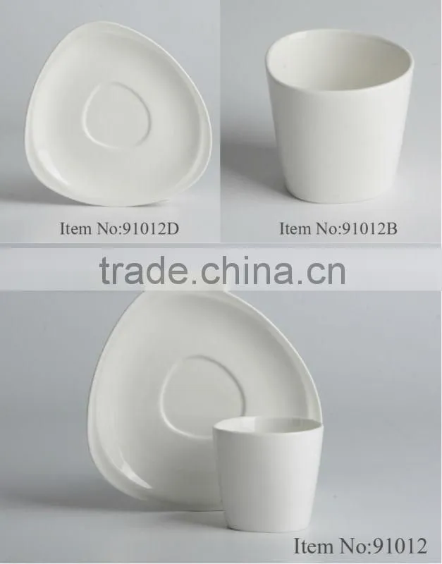 white durable ceramic triangle cup(without handle) with saucer