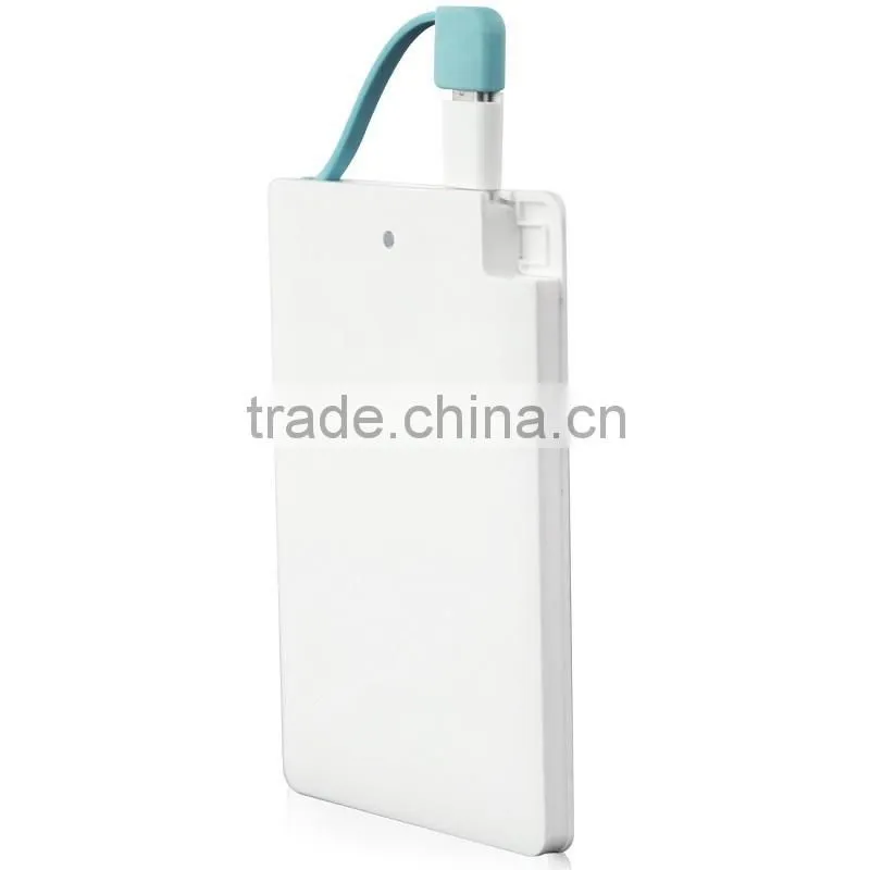 Best selling popular promotion gift powerbank charger in credit card shape with built in micro usb cable and i phone adaptor