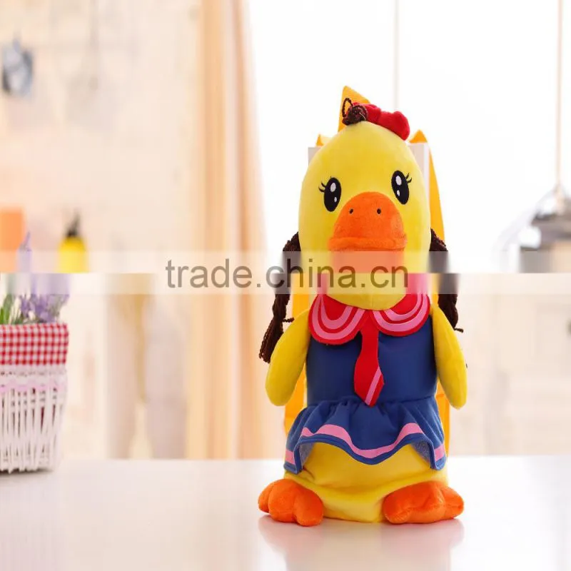 30cm lovely customized yellow stuffed plush strawberry duck doll animal backpack with strawberry-printed T-shirt