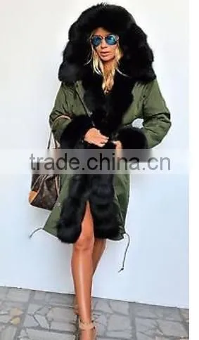 Women outwear military parka jacket with real fox fur hood trim made in China